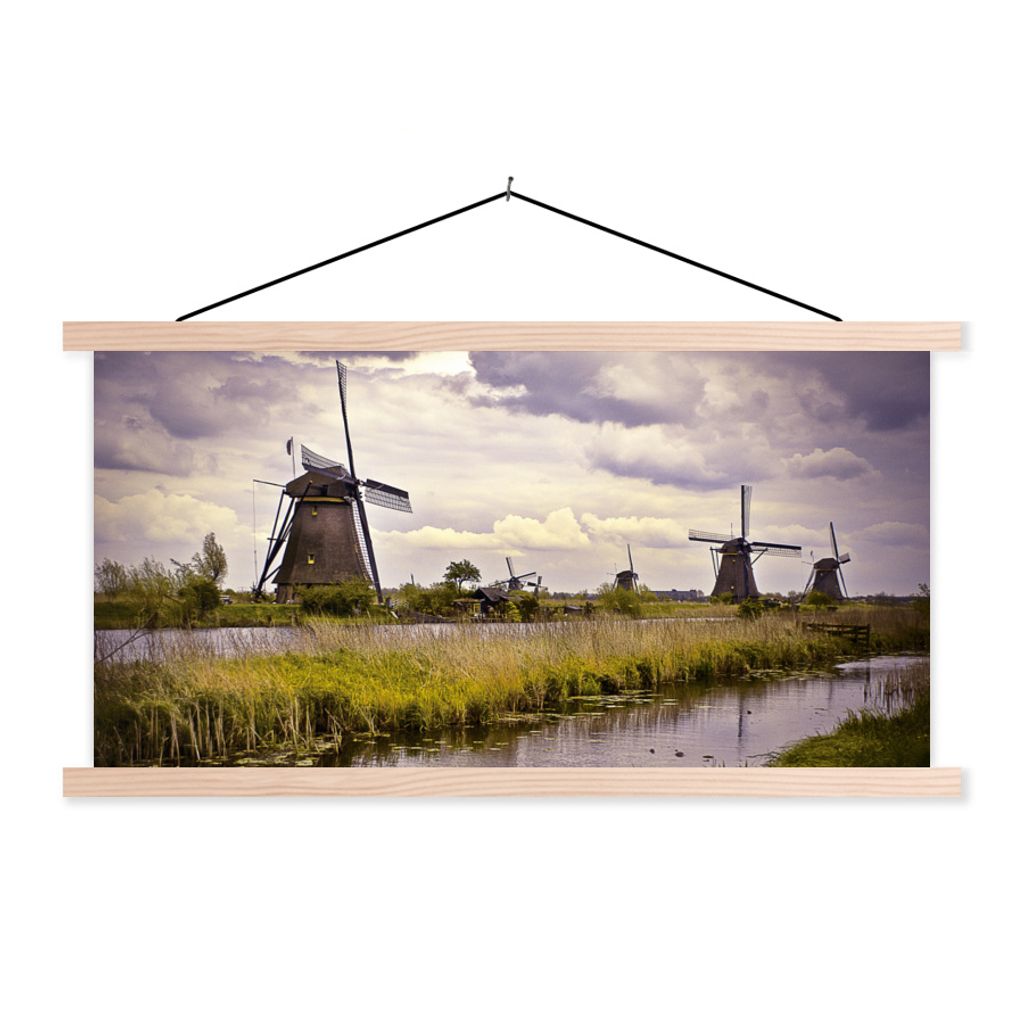 MuchoWow Textilposter Mühle - Niederlande - Wasser 120x60 cm mit holzfarbenen Rahmen - Klemmleiste
