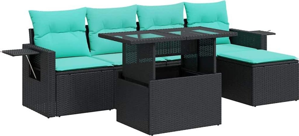 6-tlg. Garten-Sofagarnitur mit Kissen Schwarz Poly Rattan Akazie