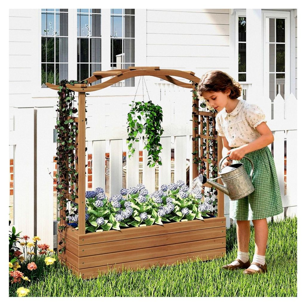 Hochbeet mit Rankgitter und Dekorbogen, Blumenkasten aus Holz mit Rankhilfe, Gartenbett für Blumen, Gemüse, Kräuter, Kletterpflanzen und hängen...
