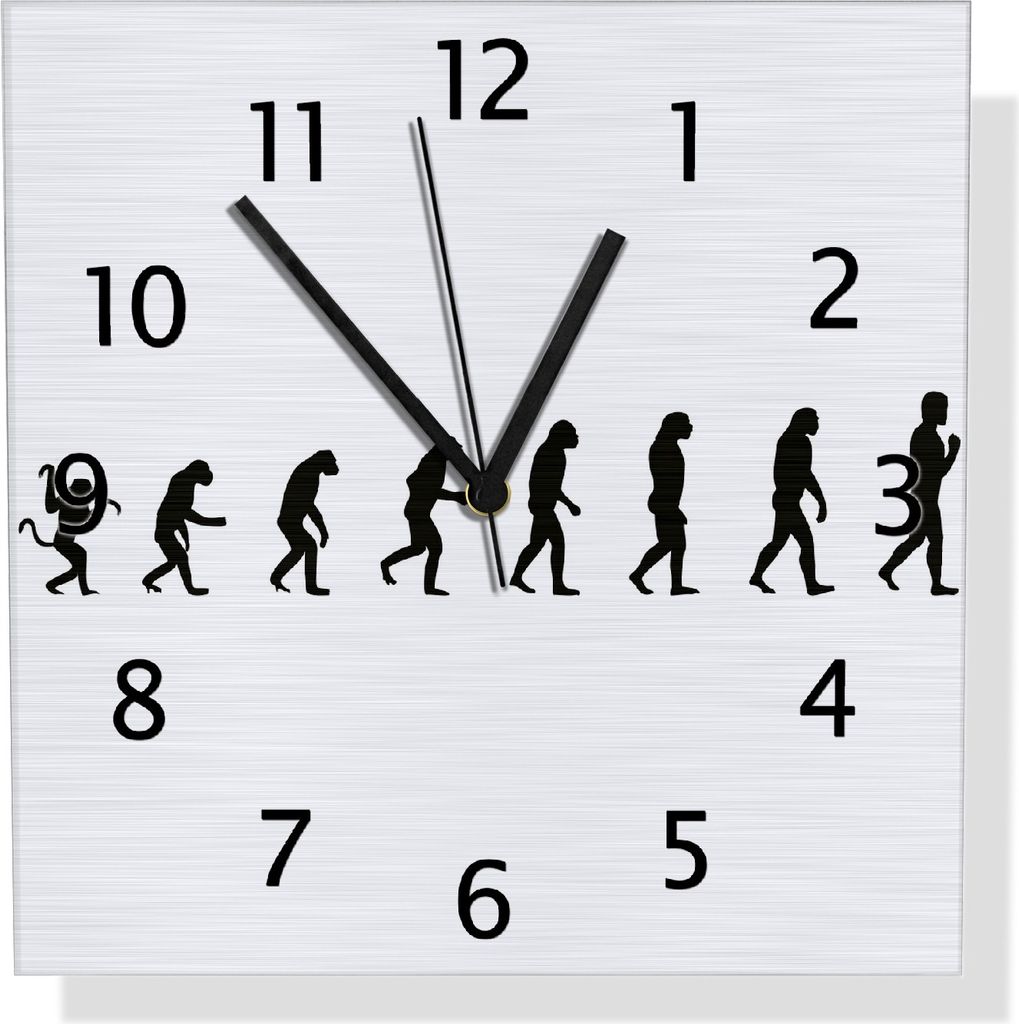 Wallario Design Wanduhr Evolution - Die Entwicklung des Menschen aus Aluverbund, Größe 30 x 30 cm