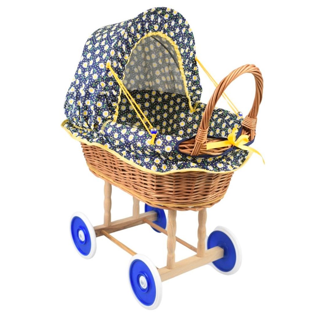 Puppenwagen aus Weide blau - Blumenmuster Produktbild 