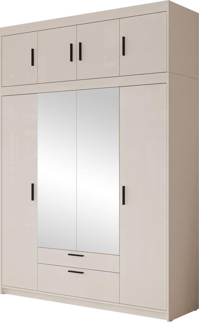 MIRJAN24 Kleiderschrank Elena 4D mit Spiegel, Stilvoll Drehtürenschrank , Schlafzimmer Kollektion (Farbe: Sandbeige, mit Aufsatz)