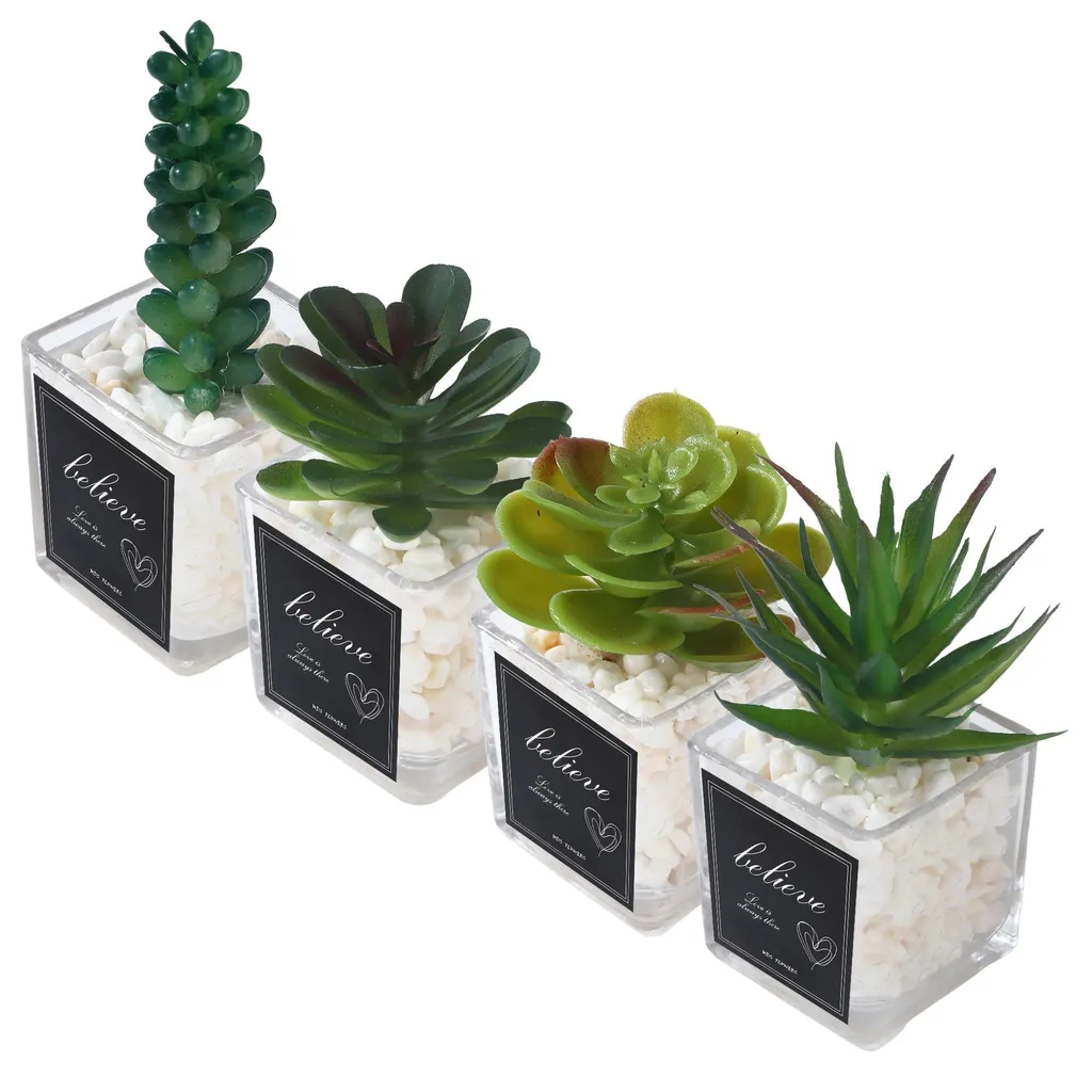 Plantes succulentes artificielles en pot de verre vert lot de 3 pièces