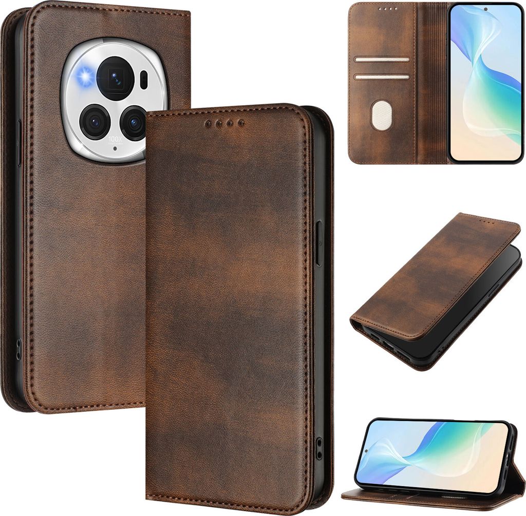 Handyhülle für Honor Magic6 Pro, Vintage Leder RFID Schutz Kartenfach Standfunktion Magnetische Klapphülle Braun