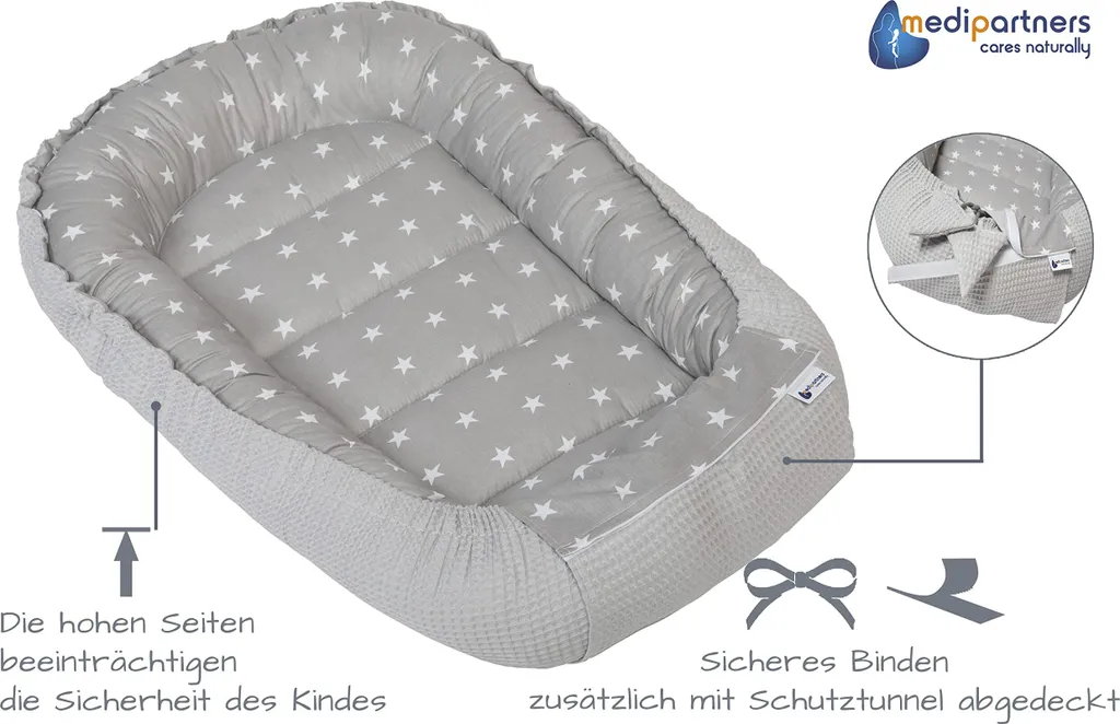 Lit de voyage bébé 100x60cm en coton gaufré gris et imprimé étoiles