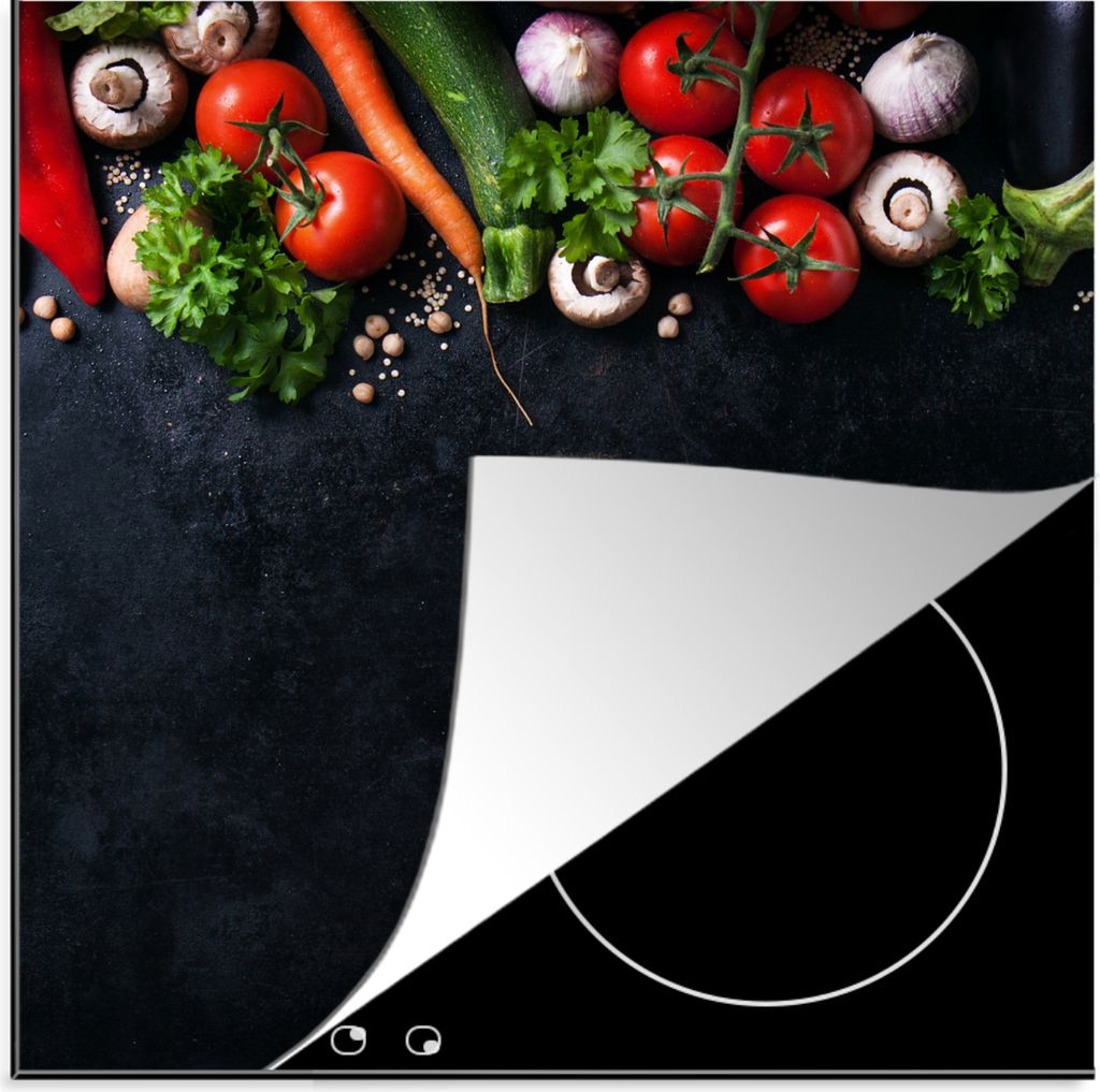 KitchenYeah Herdabdeckplatte Gemüse - Kräuter - Gewürze - Schwarz - Rustikal - Küche , 78x78cm, Küche Deko, Glaskeramikkochfeld Herdabdeckun...