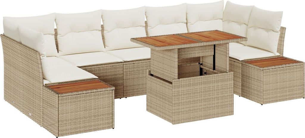 Möbel 8-teiliges Garten-Esszimmer-Set mit Kissen Beige Poly Rattan Akazie - Gartensofas 3350048
