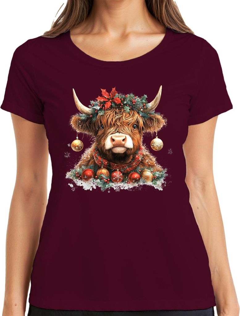 Highland Rind Weihnachten mit Kranz Stechpalme Schneeflocke Retro Damen T-Shirt, Burgundy, XL