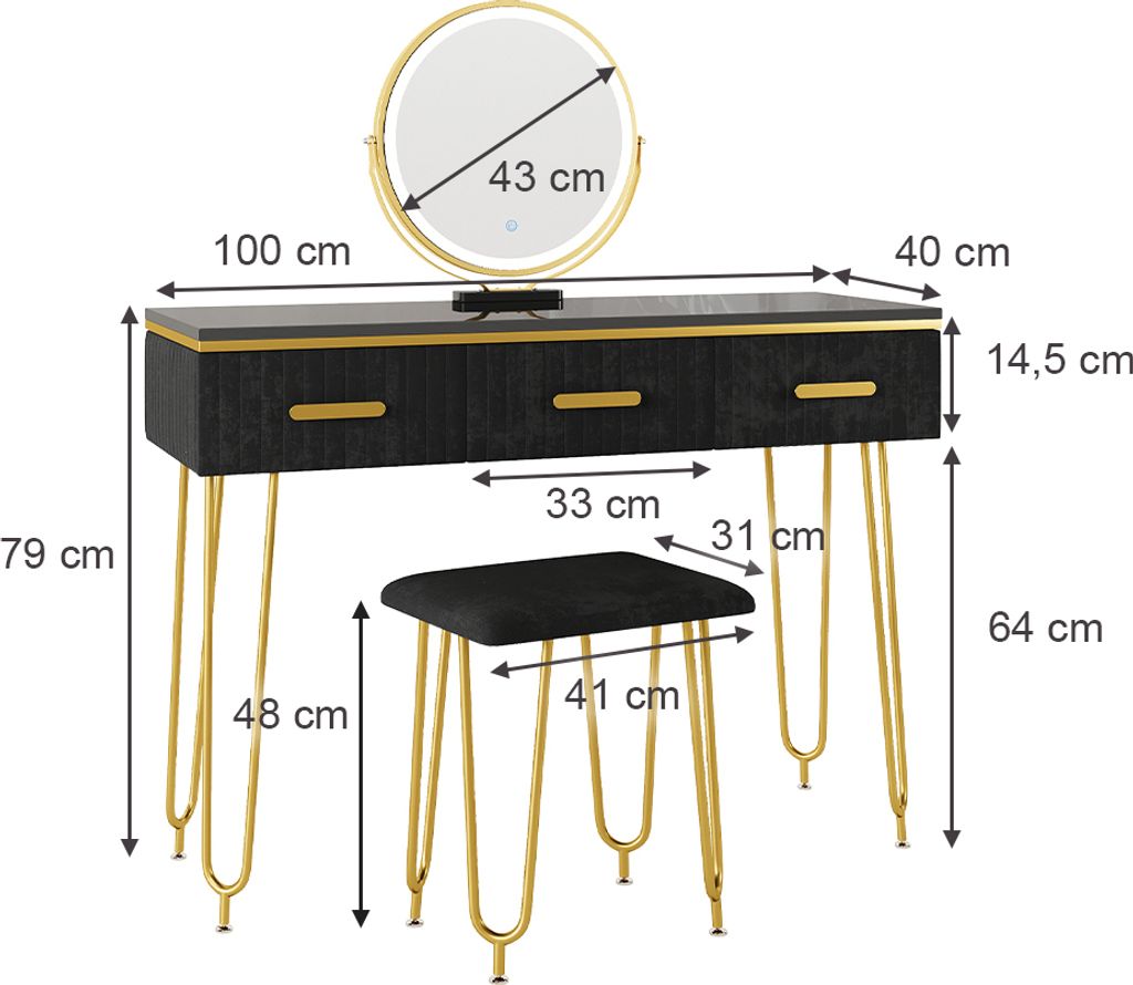Vicco Schminktisch Layla, 100 cm mit LED Spiegel und Produktbild 4
