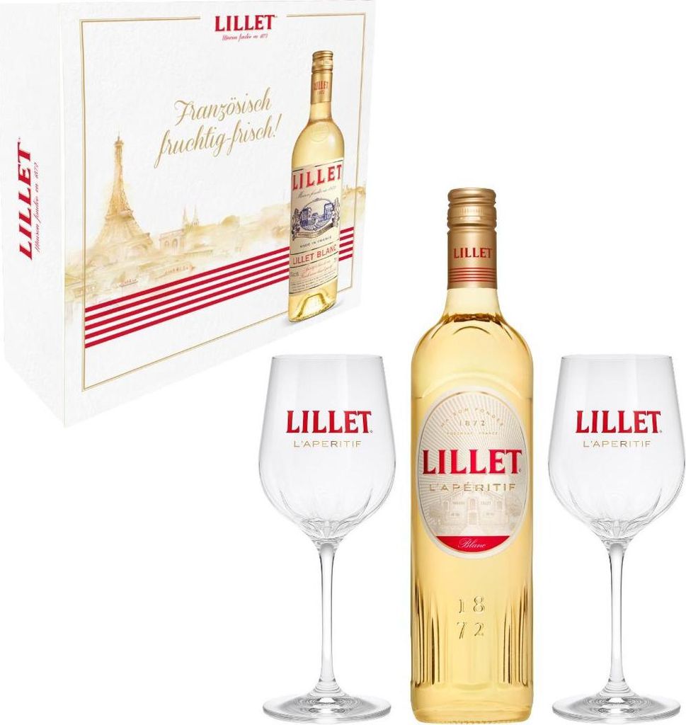Lillet Blanc Geschenkset – Lillet Blanc 0,75L (17 % Vol.) inkl. 2 Original Lillet L’Apéritif Weingläser (15 cl geeicht) & Geschenkbox – Fra...
