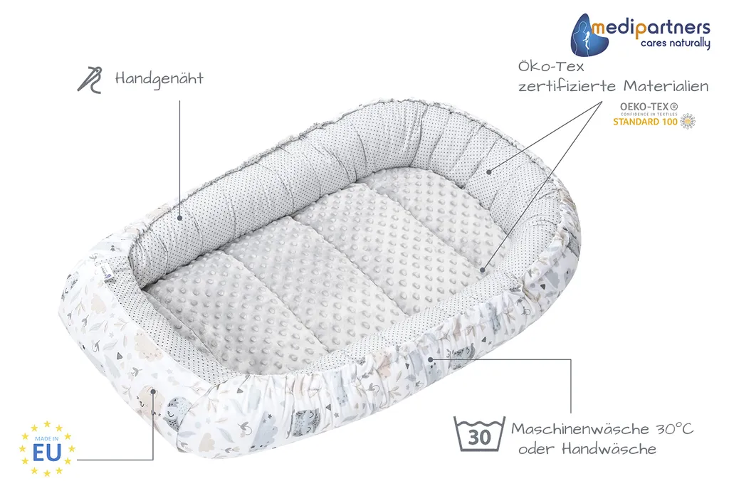 Cocon bébé réversible minky gris et coton doux, format 100 x 60 cm - 6