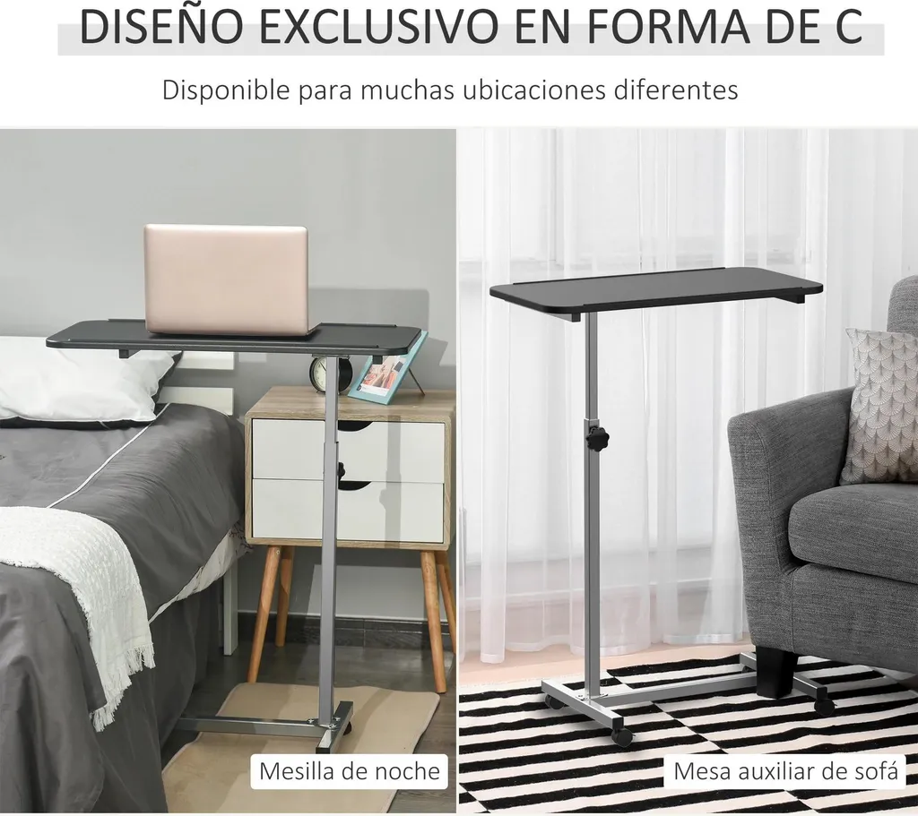 Table d'appoint sur roulettes - Hauteur réglable 76-100 cm - Noire