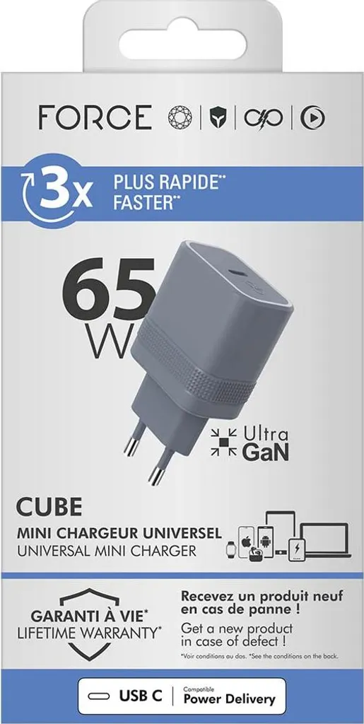 Chargeur 65W USB-C GaN CUBE Gris Recycle - Fini les Blocs Secteurs Encombrants - 5
