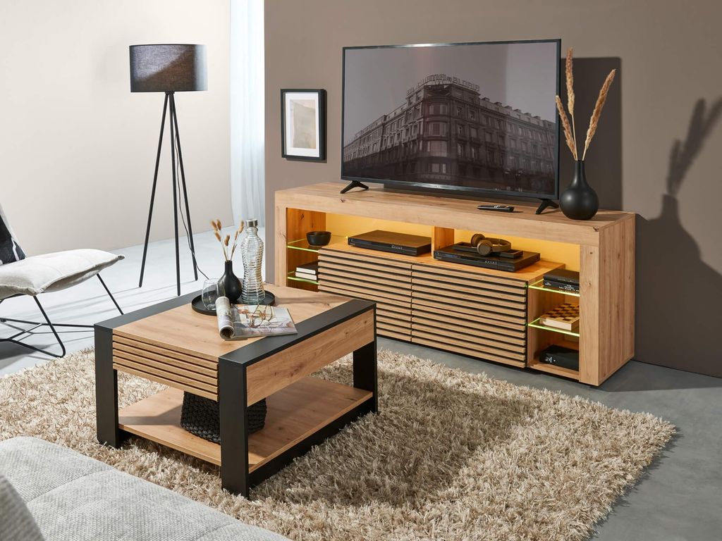 Lowboard mit Couchtisch Firenze 2 Wohnzimmer Set 2 tlg., Artisan Eiche Nachbildung mit aufgesetzten Stäbchen, Absetzung schwarz