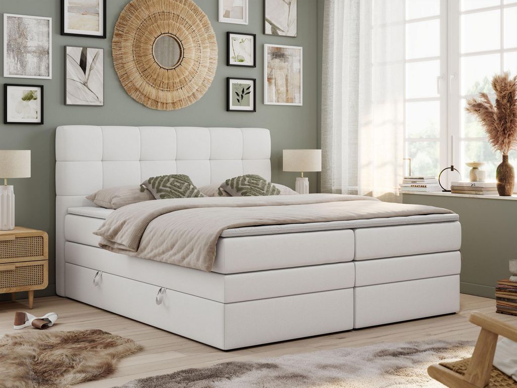 Boxspringbett mit Kopfteil und Topper, Polsterbett - LUKA-KING - 180x200cm - Weiß - H4