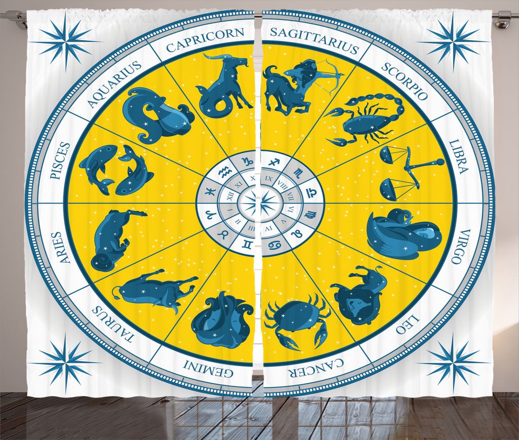 ABAKUHAUS Astrologie Rustikaler Vorhang, Zodiac Natal Übersicht, Wohnzimmer Universalband Gardinen mit Schlaufen und Haken, 280 x 175 cm, Gelb / Blau