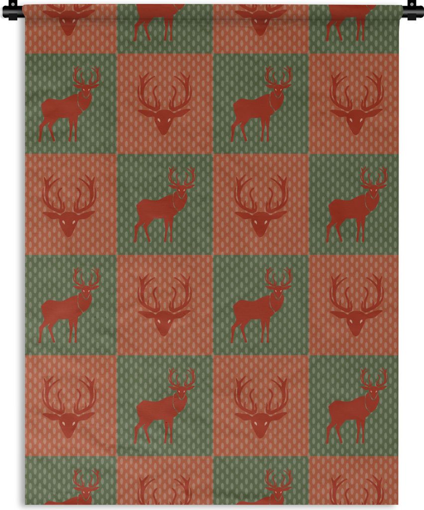 MuchoWow Wandteppich Wandbehang Muster - Hirsche - Grün - Rot 150x200 cm Tapisserie Dekoration Wandtuch - Wandaufhängung - Moderner