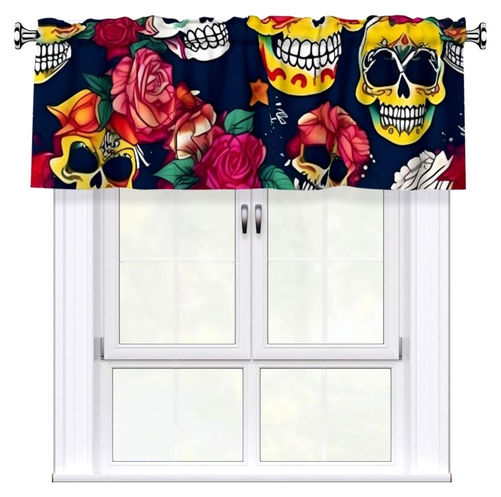 Fenstervorhänge mit Rüschen 137 x 45 cm Druck mit Zucker und Totenkopf Blumen