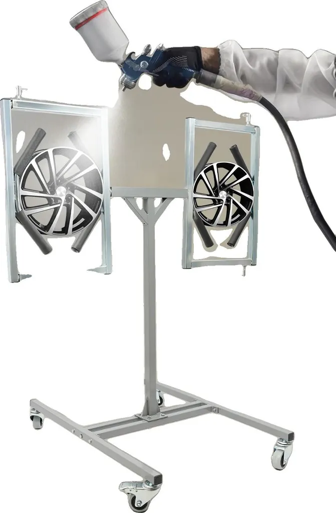 Tréteau de peinture pour jantes alu avec supports de moyeux rotatifs 360