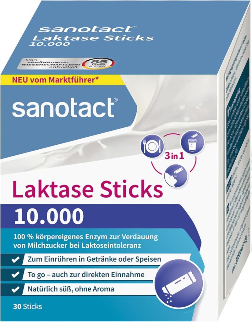 sanotact Laktase Sticks 10.000 – 30 Sticks – Laktase Pulver Produktbild 