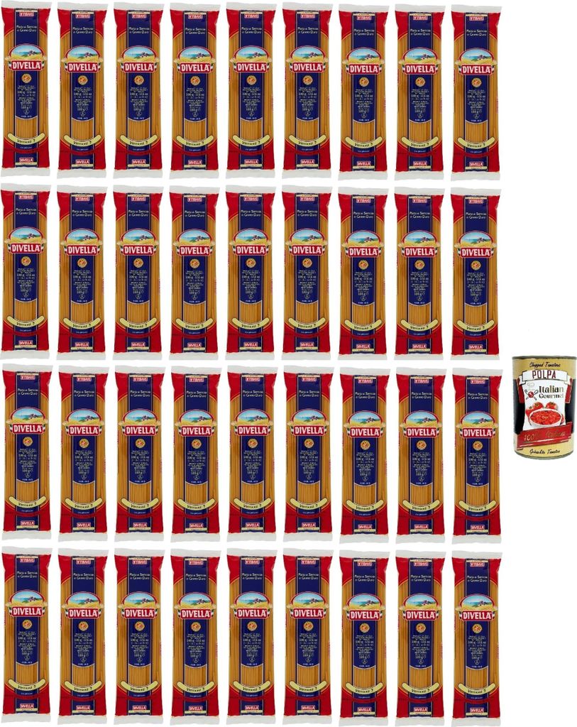 Divella Pasta 100% Italienisch Vermicelli N° 7, Nudeln aus Hartweizengrieß, Kochen 9 Minuten 36x 500g + Italian Gourmet polpa 400g