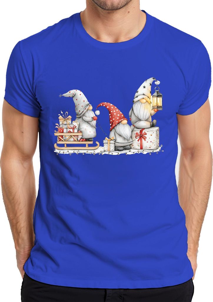 Weihnachtswichtel Schlitten Geschenke Laterne rot grau süß lustig Herren T-Shirt, Blau, XL