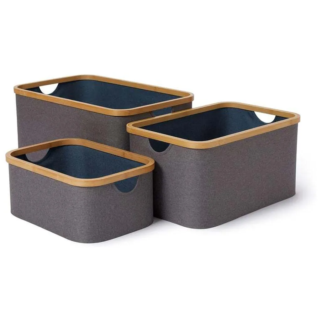 Paniers de Rangement en Tissu et Bambou Gris-Bleu pour Étagères x3