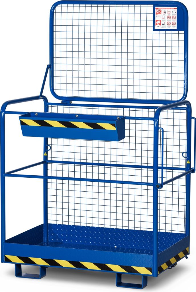 Arbeitskorb mit Aufnahme von der breiten Seite, Zulässig für 2 Personen, BxTxH 1200x800x1990 mm, Traglast 300 kg, RAL 5010 enzianblau