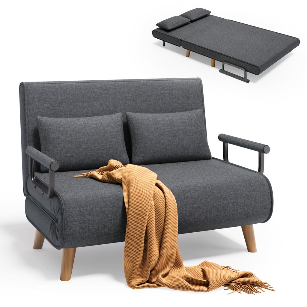 A dark gray sofa bed is shown in its sofa form, with a brown throw blanket draped over it. An inset image shows the sofa in its bed form.