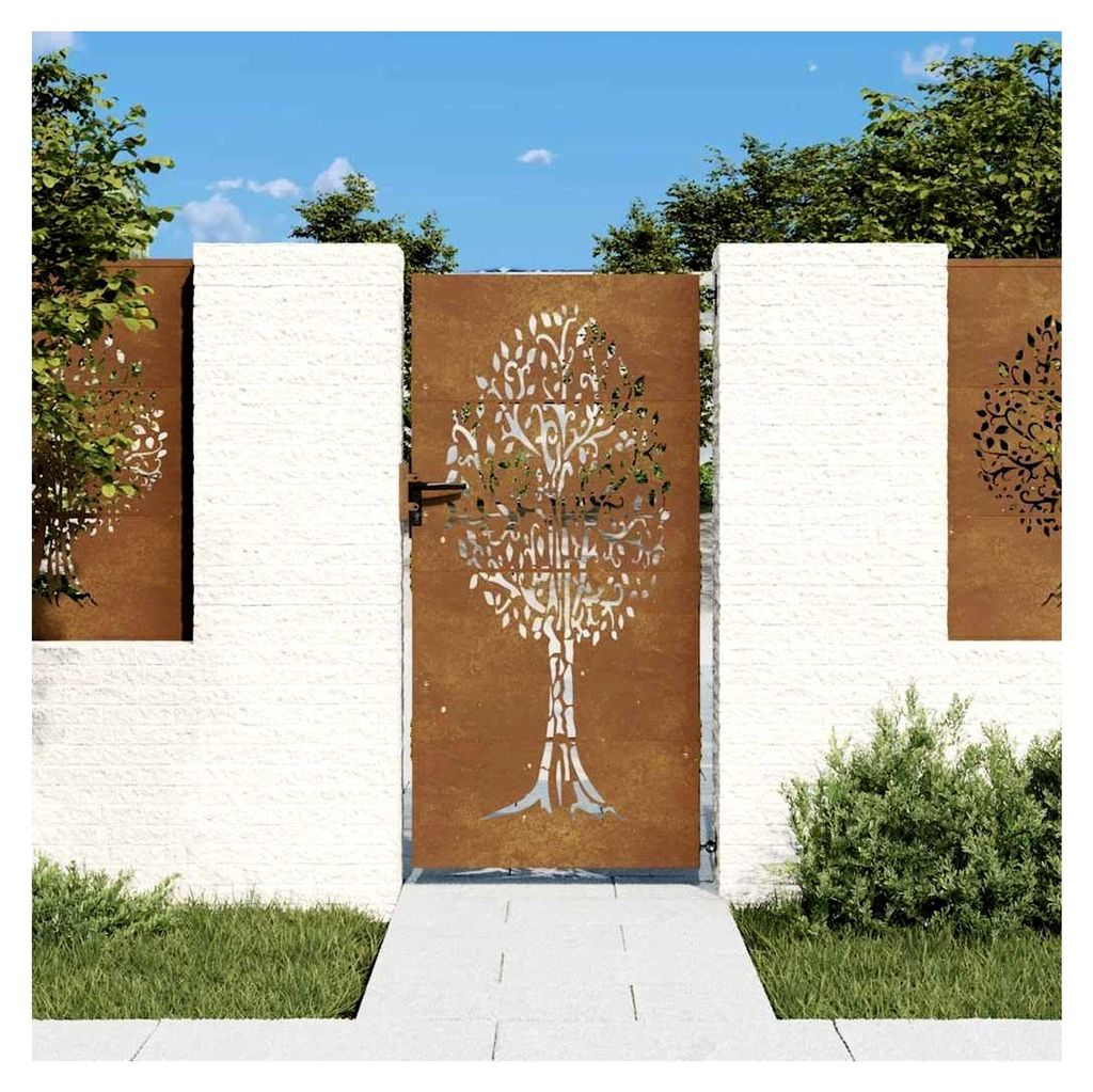 Gartentor aus Cortenstahl 85x200 cm mit Baum-Motiv, verstellbar von 90 bis 92 cm, wetterfest und abschließbar, geeignet für Gartenzaun und Terrasse