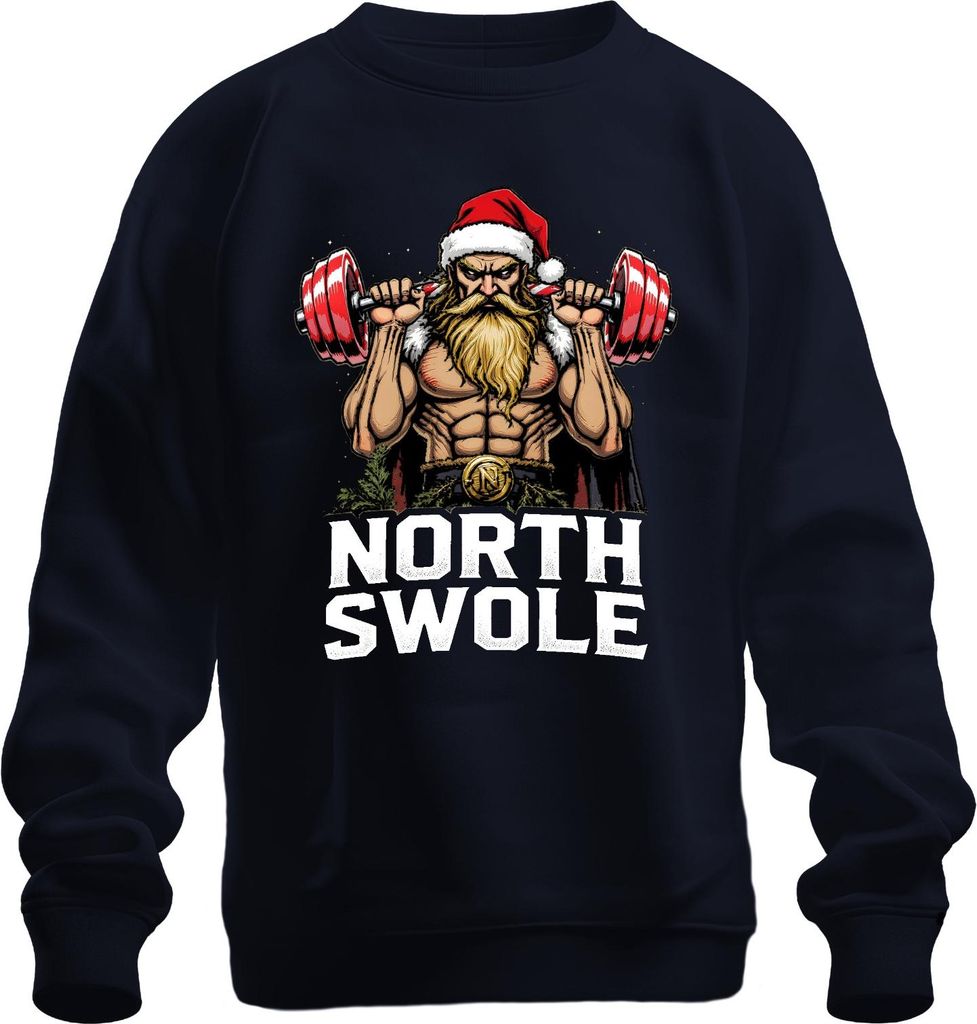 NORTH SWOLE Weihnachtsmann Fitness Gym Bodybuilding Geschenk Uni Sweatshirt Pullover, Navy, L