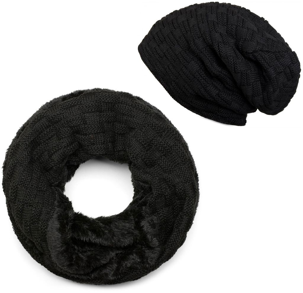 styleBREAKER Strick Loop Schal und Beanie Mütze Set mit Flecht Muster, Fleece Innenfutter, Winter, Uni 01018211