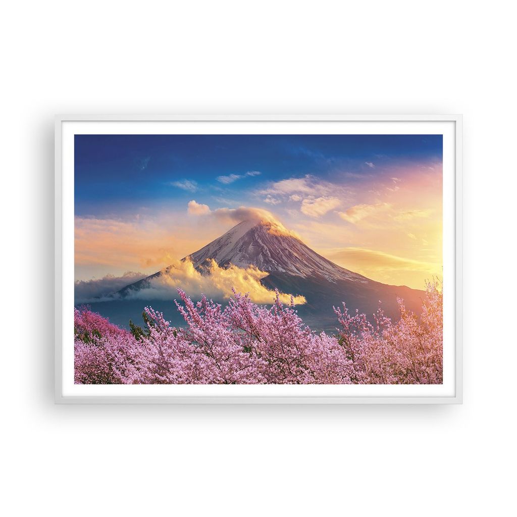 Gerahmtes Poster - Weißer Rahmen - Fuji Blume Kirsche - 100x70 cm - Wand Bild - Wanddeko - Wandbilder - Kunstposter - Wandposter - Bilderrahmen - ...