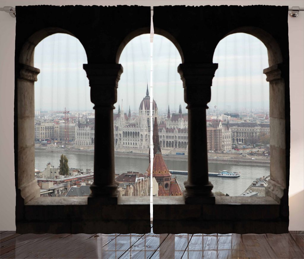 ABAKUHAUS europäisch Rustikaler Vorhang, Ungarisches Parlament, Wohnzimmer Universalband Gardinen mit Schlaufen und Haken, 280 x 245 cm, Mehrfarbig