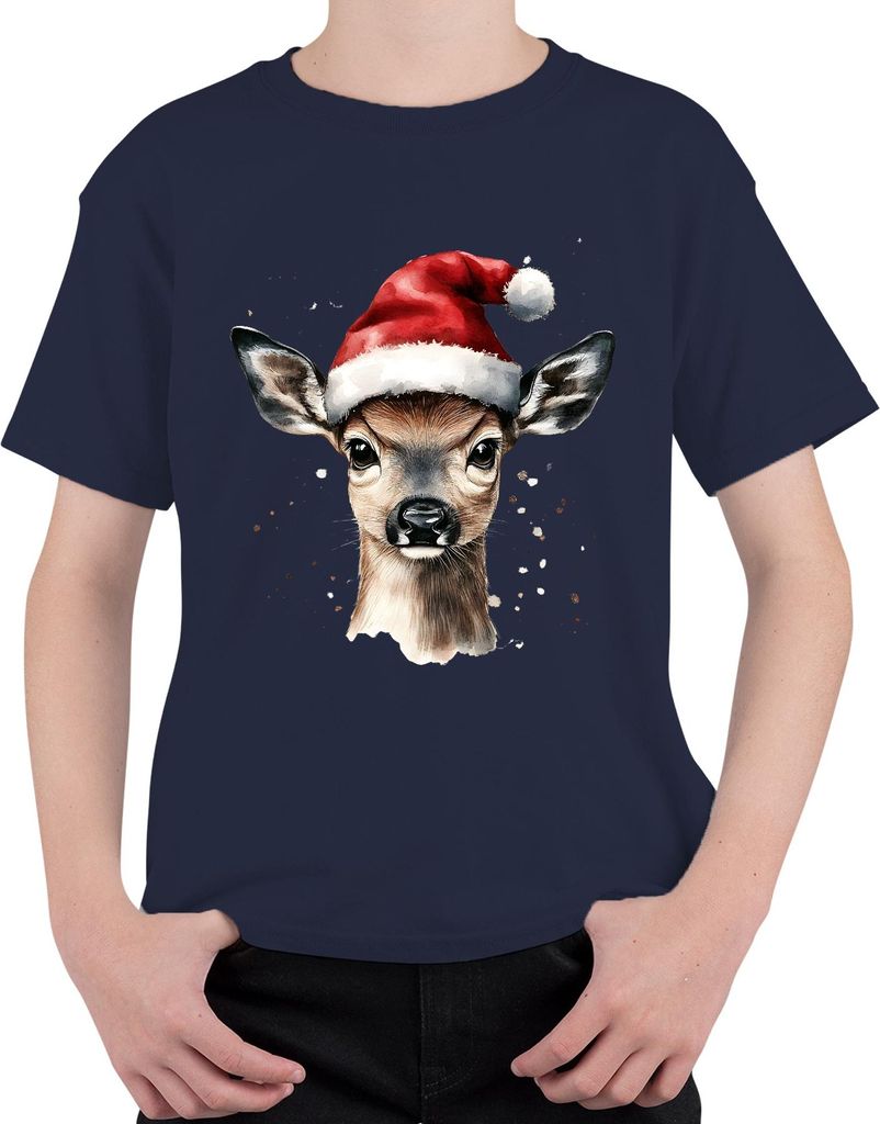 Süßes Rehkitz Santa Hat Weihnachten Geschenk Aquarell Vintage Uni Kinder T-Shirt, Navy, 128