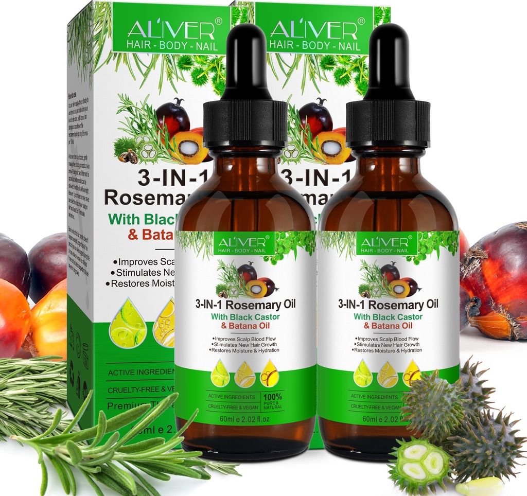 Haaröl 3-in-1 Rosmarinöl Rizinusöl Batanaöl Ätherisches Öl Haarpflege Massageöl Bio, 2x 60ml