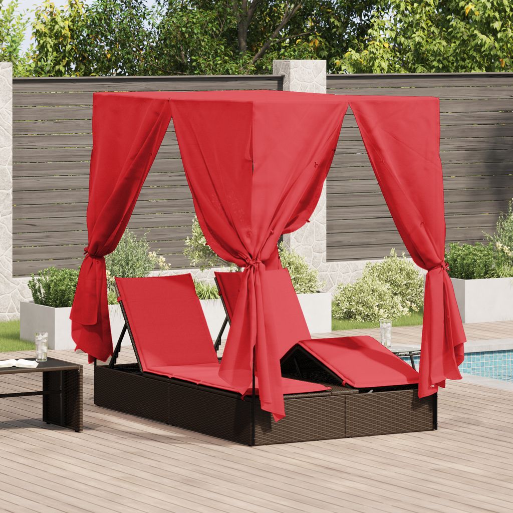 Desgin Doppelte Sonnenliege Set aus 2 Braun und Rot Rattan und Polyester - Gartenliegen 3376133