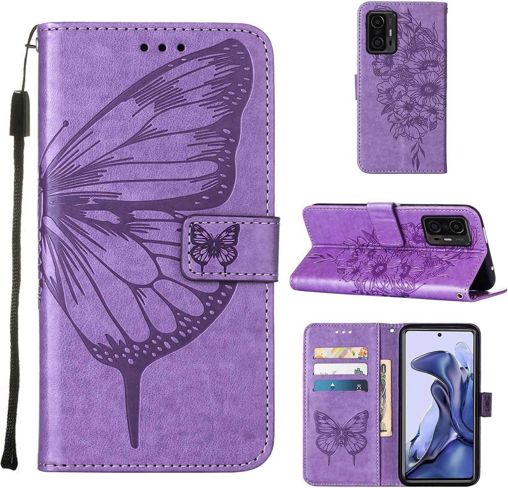 Xiaomi 11T Pro Hülle, Schmetterling Prägung Flip Leder Kartenfächer Schutzhülle Ledertasche mit Ständer für Xiaomi 11T/11T Pro 5G Violett