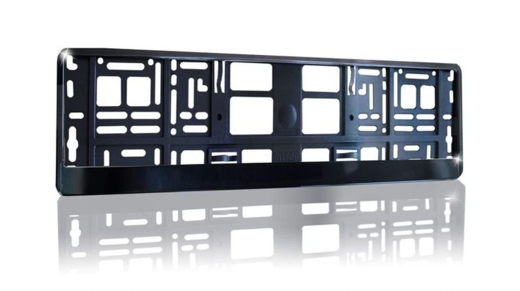 A black license plate holder is shown against a white background.