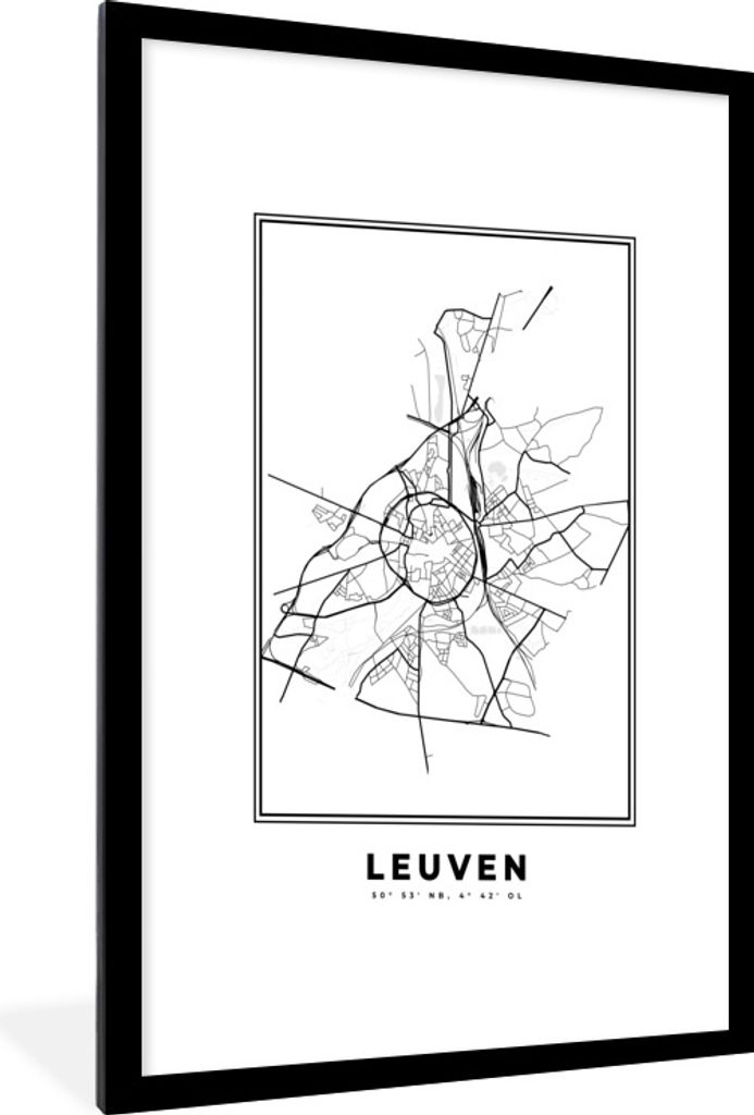 MuchoWow Gerahmtes Poster Belgien - Leuven - Stadtplan - Karte - Schwarz und weiß - Grundriss 60x90 cm - Poster mit Schwarzem Bilderrahmen Wandp...