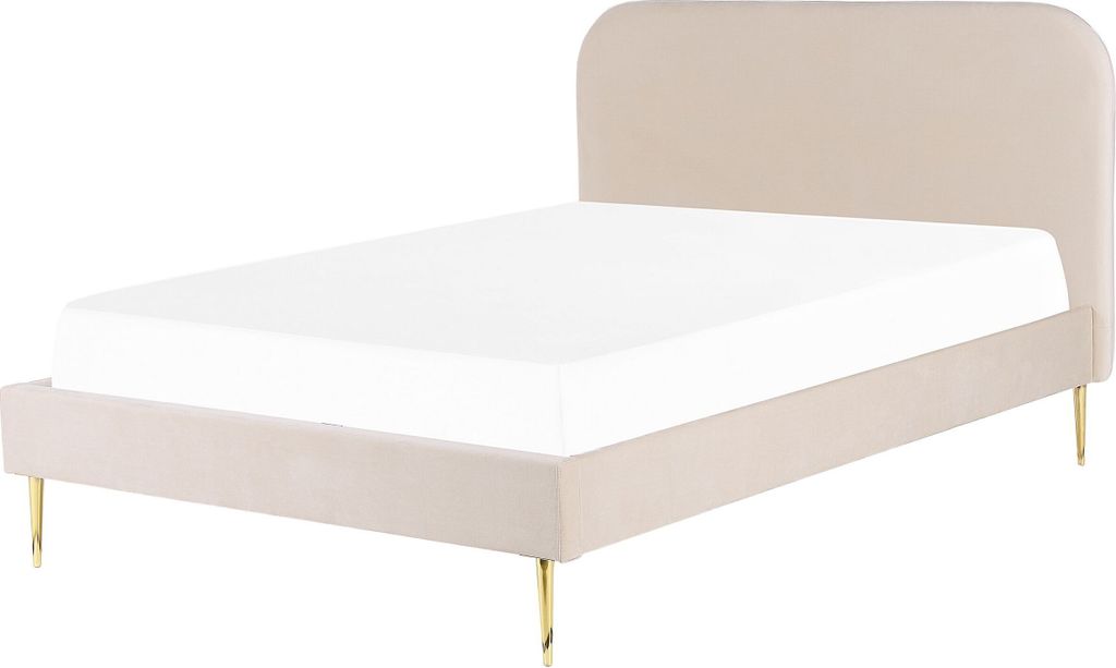 BELIANI Bett Beige Samtstoff mit Lattenrost 140 x 200 cm Metallfüße Gold hohes Kopfteil Retro Glamourös Polsterbett Doppelbett Schlafzimmer
