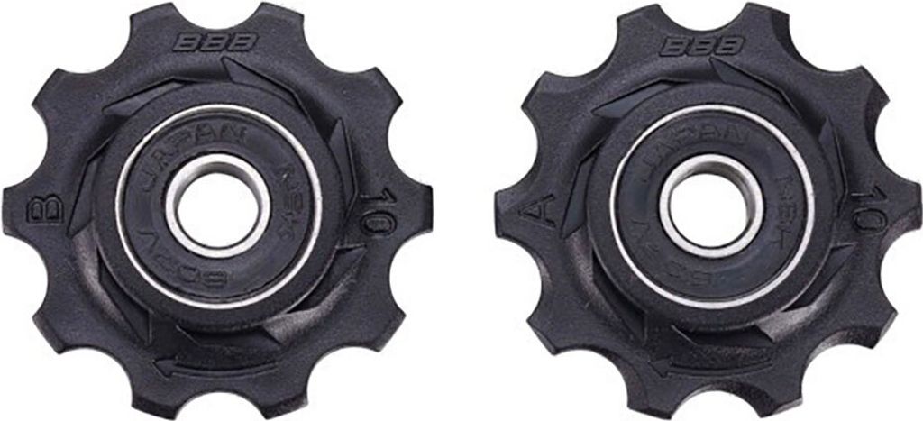 Two bicycle derailleur pulleys are shown against a white background.