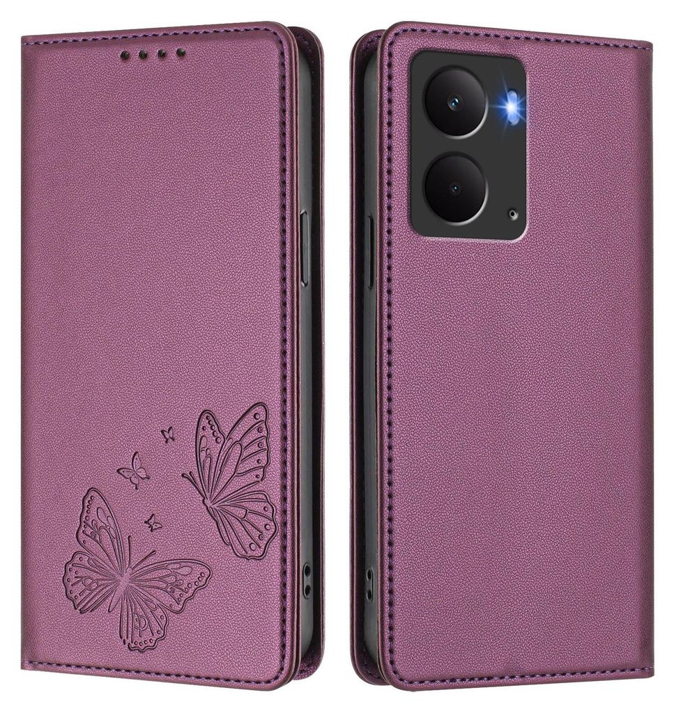 Lederhülle für Realme 14 5G, Schmetterling Prägung Leder Brieftasche Schutzhülle mit Ständer Lila