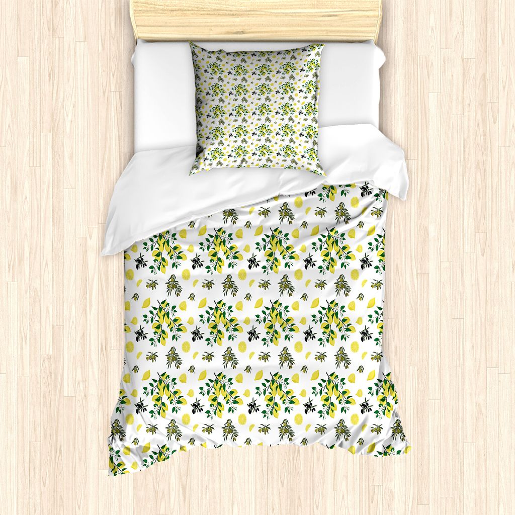 ABAKUHAUS Botanisch Bettbezug Set für Einzelbetten, Oliven und Zitronen Growing, Milbensicher Allergiker geeignet mit Kissenbezug, 135 cm x 200 cm...