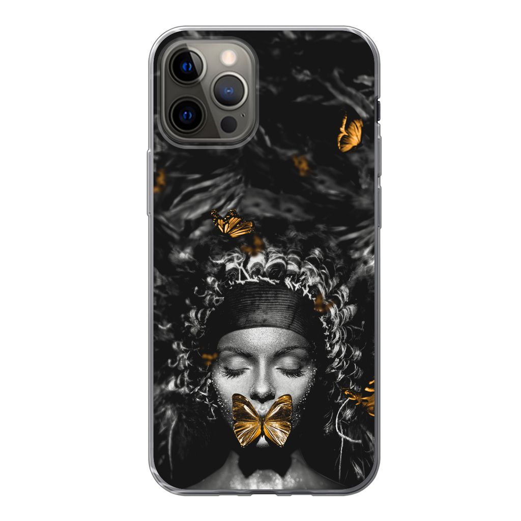 MuchoWow Handyhülle Schutzhülle Hülle für iPhone 13 Pro Frau - Schmetterlinge - Schwarz - Weiß Silikon Softcase Handy Hülle - Handy-Tasche