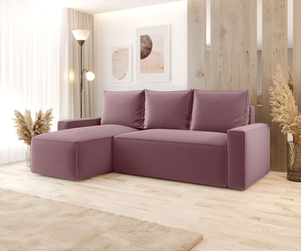 BEDANTE ECKSOFA mit Schlaffunktion SAVIO Poso 130 Violett Links L-Form Sofa mit Stauraum Bettkasten Wohnzimmersofa Couch Sofa Bettsofa Bettkasten B...