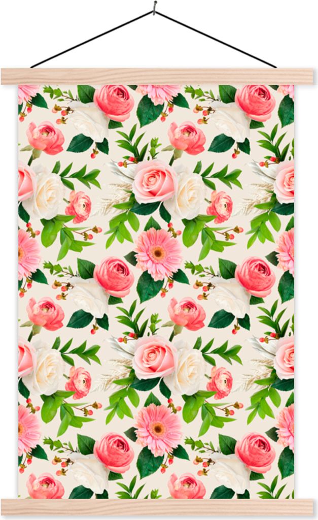 MuchoWow Textilposter Blumen - Rosen - Rosa 120x180 cm mit holzfarbenen Rahmen - Textil-Plakat