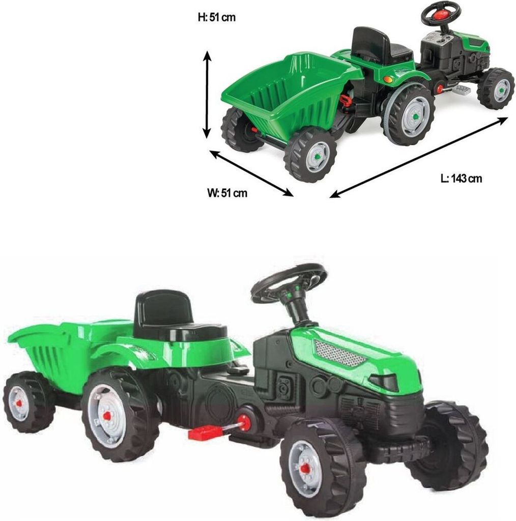 A toy tractor with a trailer, shown from two different angles with dimensions indicated.