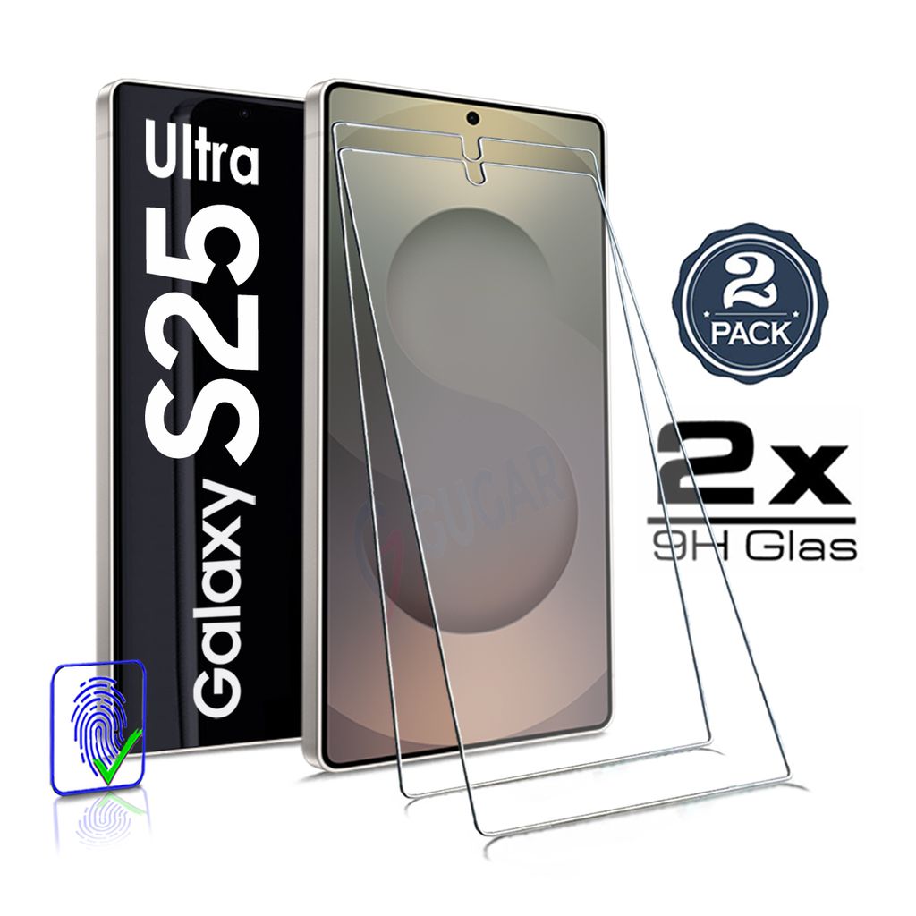 A product image showing two screen protectors for a Samsung Galaxy S25 Ultra phone, with packaging and marketing text.