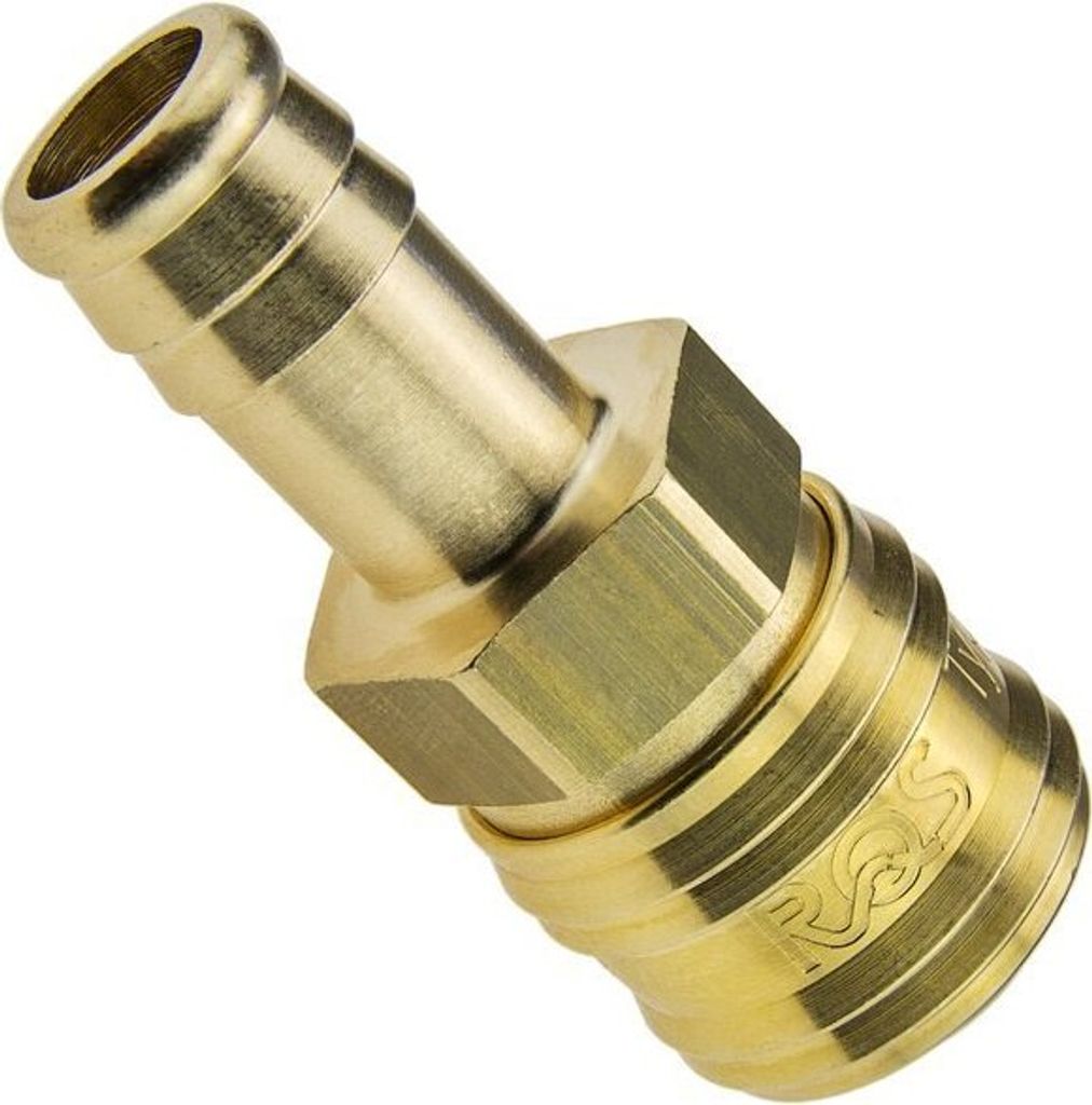 A close-up studio shot of a brass quick-connect coupling with a hose barb.